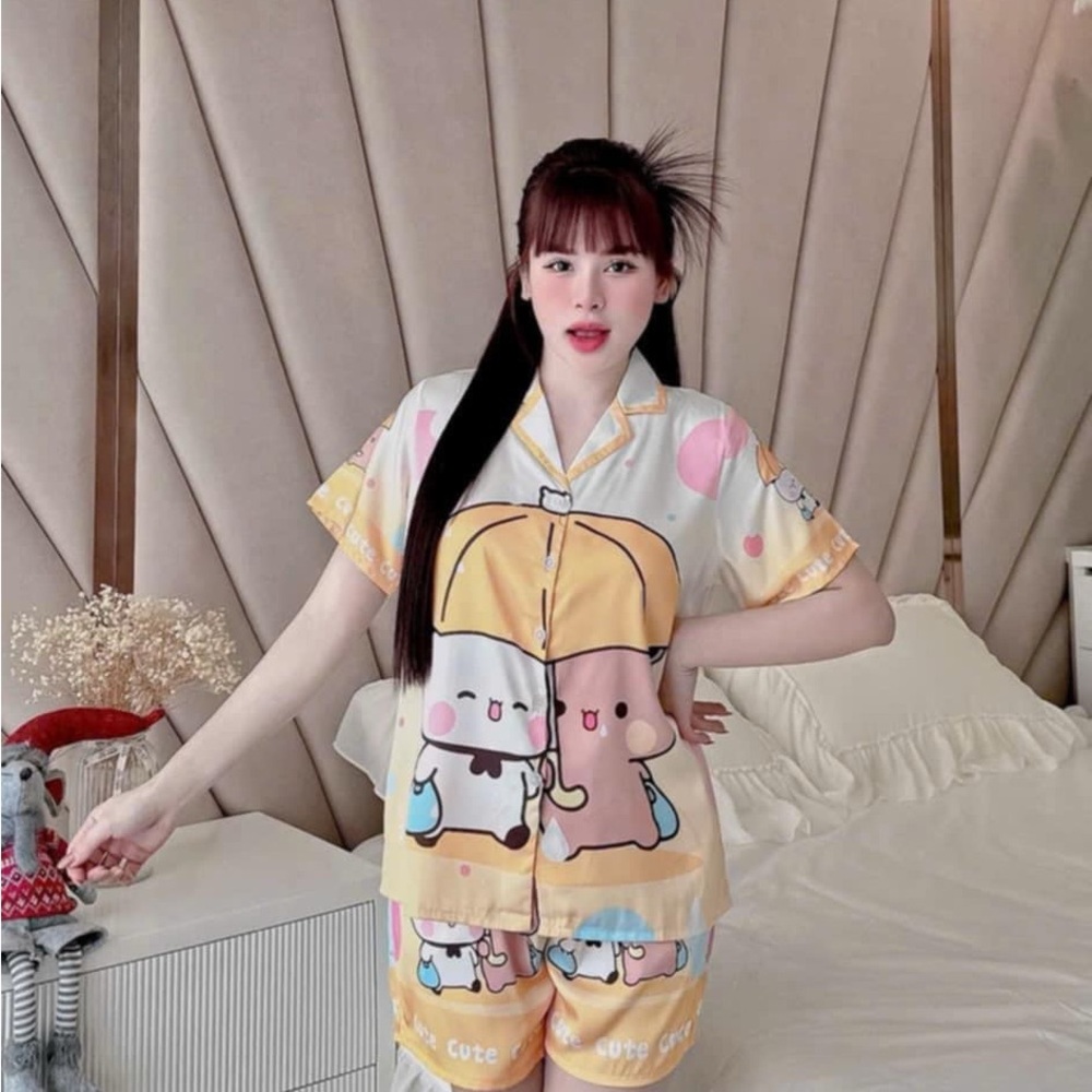 Cute Cartoon Print Pajama Set - Yellow